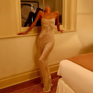 ZARA Backless Spaghetti Strap Sequin Bodycon Formal Floor Length Dress